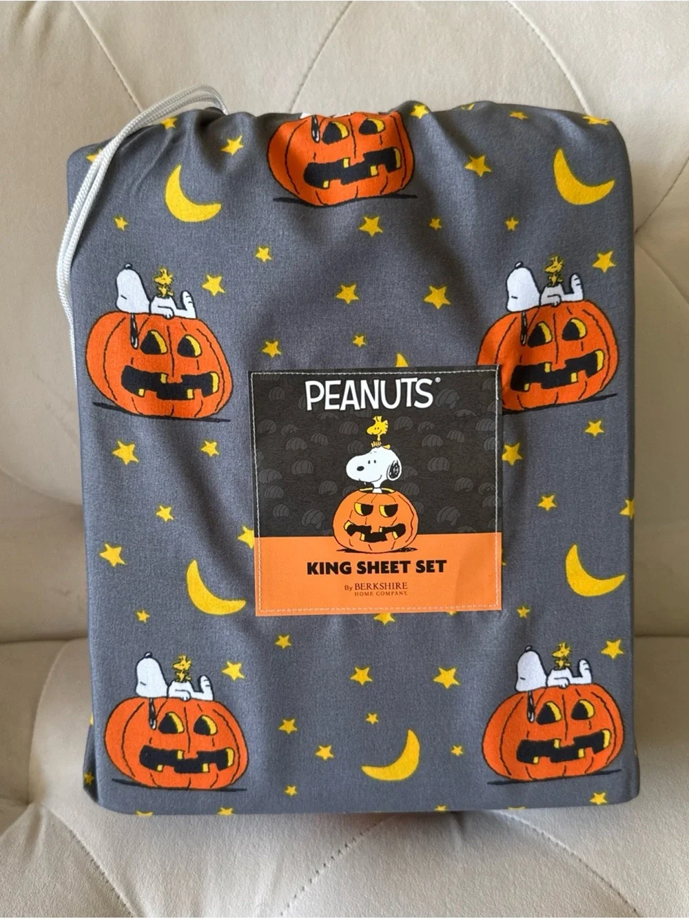 Berkshire Peanuts Halloween Snoopy Pumpkin King Sheet Set - Gray, Orange, Yellow